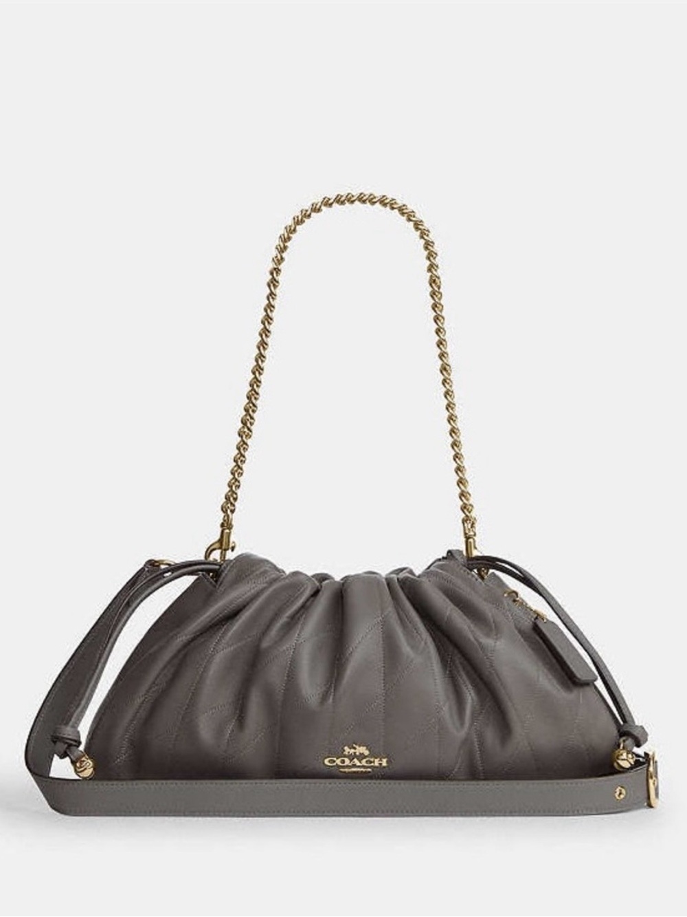 Coach Gray Pebbled Leather Drawstring Shoulder Bag with Gold Chain
